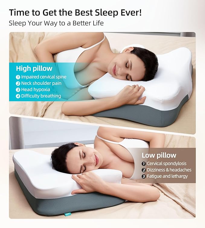 ALLJOY Cervical Pillow for Neck Shoulder, Ergonomic Side Sleeper Pillow for Pain Relief, Cooling Odorless Memory Foam Pillows for Deep Sleep, Neck Support Pillow for Back Stomach Sleepers, Grey