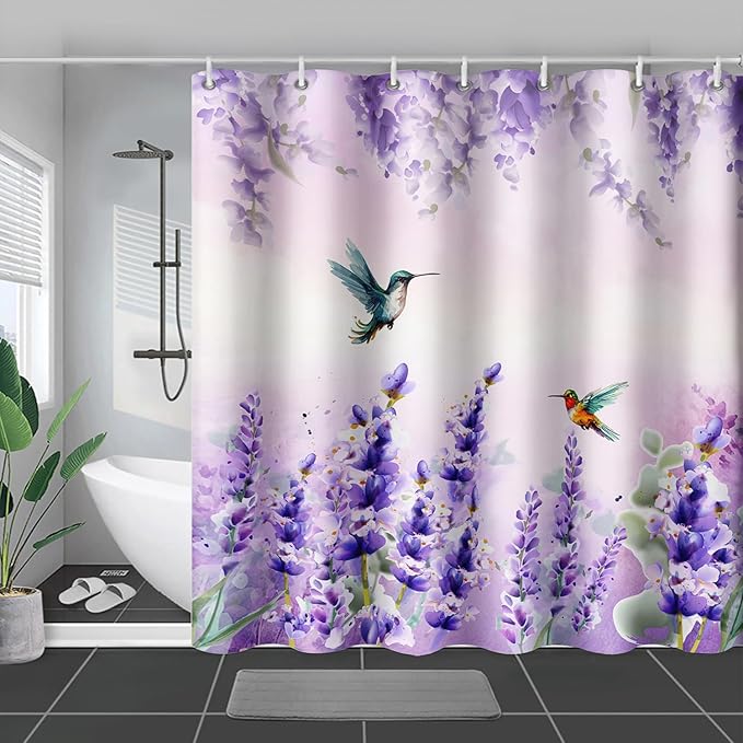 AILONEN Waterproof Floral Shower Curtain for Bathroom,Purple Wisteria Lavender Flowers Shower Curtain,Botanical Floral Decor Bathroom Polyester with Grommets and Hooks 72" W*78" H