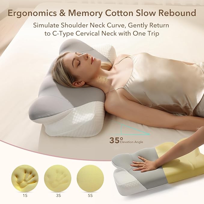 Cervical Pillow for Neck, Contour Memory Foam Pillow, Adjustable Height Double, Neck Pillow for Sleeping, Side Sleeper Pillow for Adults, Ergonomic Bed Pillow for Side, Back, Stomach Sleeper