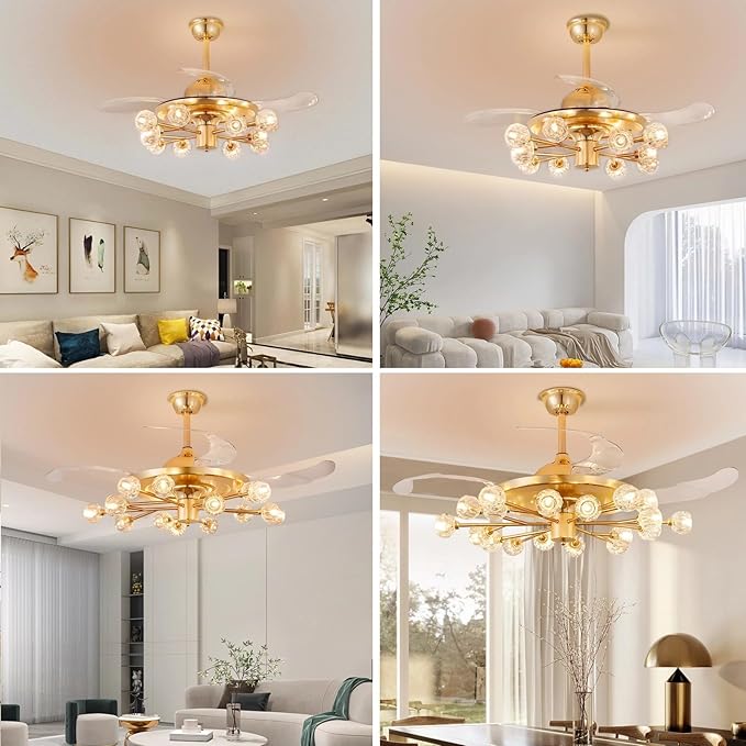 Sputnik Crystal Ceiling Fan Chandelier: 42" Gold Fandelier Ceiling Fans with 18 Lights and Remote Modern - Retractable Fandelier Ceiling Light for Living Dining Room Kitchen Bedroom