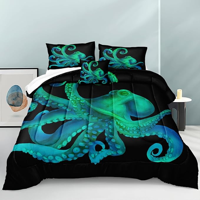 Bedbay Octopus Comforter Set Queen Size Ocean Animal Comforter Set for Kids Teens Sea Marine Themed Octopus Bedding Tentacles Pattern Queen Bedding Set(Octopus,Queen)