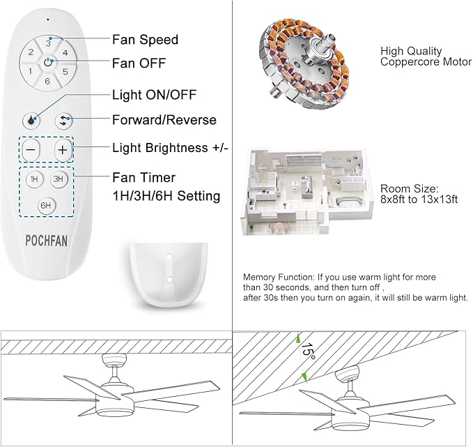 44 inch White Ceiling Fan with Lights and Remote Control, Dimmable Ceiling Fans with Lights,3-Color, Quiet Reversible 6-Speed, Wood Modern Ceiling Fan for Bedroom, Living Room, Dining Room