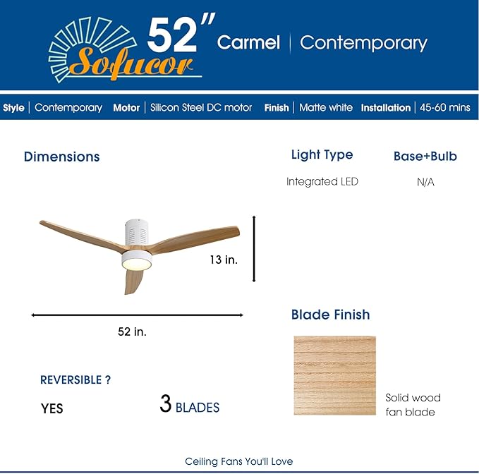 Sofucor Low Profile Ceiling Fan, Flush Mount Ceiling Fan with Lights and Remote Control, 52'' Wood Ceiling Fan with 3 Color Temperature & Adjustable Brightness, Burlywood