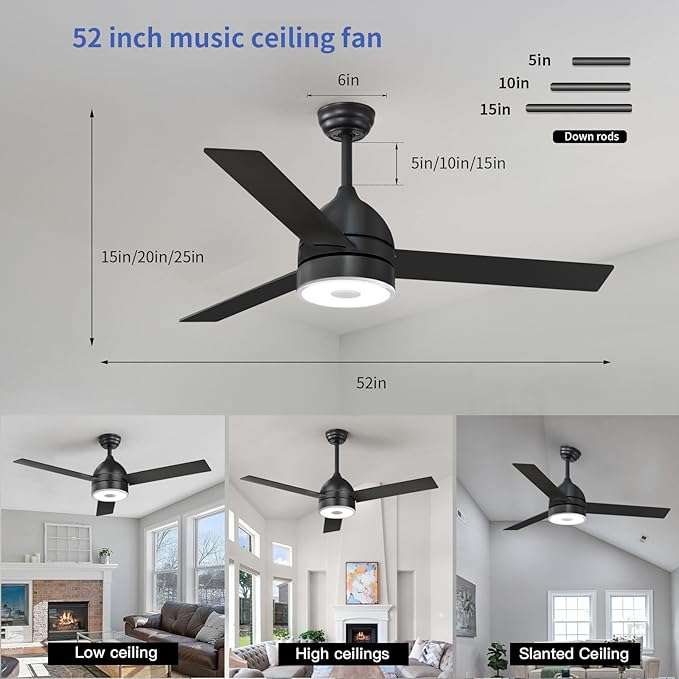 Black 52 Inch Ceiling Fan with RGB Dimming LED Light,with Music Bluetooth Speaker,with Remote Control,3-Speed Regulation, Reversible Motor,Timing,for Living Room,Bedroom,Restaurant