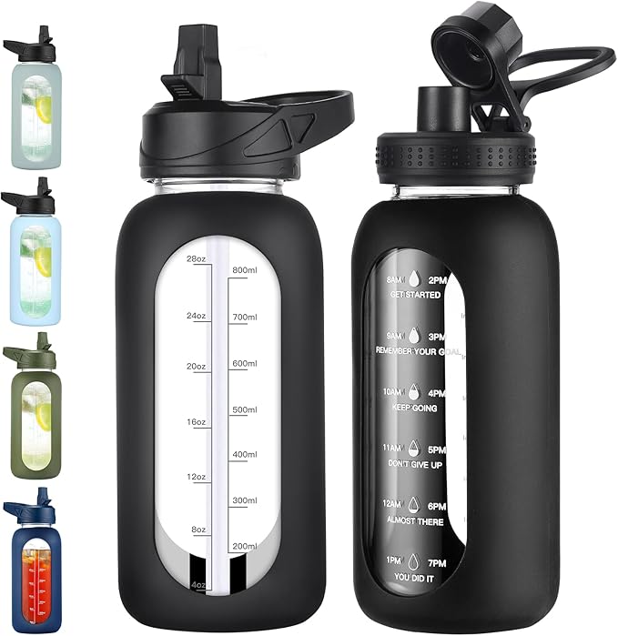 32 oz Glass Water Bottle with Straw and Handle, Sports Motivational Water Flask with Silicone Sleeve, Large Leakproof Water Flask Cup with Time Marker for Travel, Gym, Black