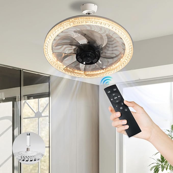 Light Socket Fan with Remote ,12.2''Socket Modern Flush Mount Low Profile Ceiling Fan,Screw in Socket Fan Light with Dimmable Brightness and Color Temp,for Bedroom, Small Living Room, Kitchen