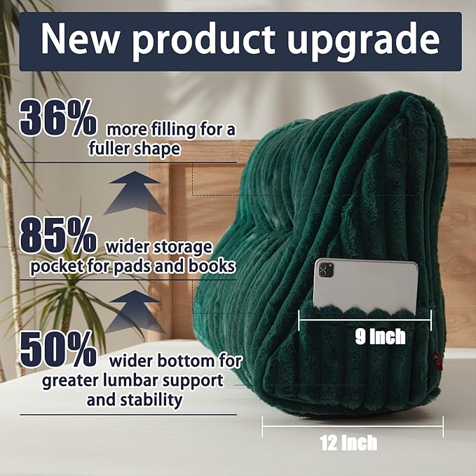 Faux Fur Headboard Pillow with 2 Pack Neck Roll Pillow Large Headboard Pillow Soft and Supportive with Removable Cover (Green, Queen)