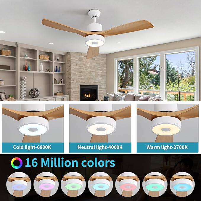 52 Inch Wood Ceiling Fan with RGB Dimming LED Light,with Music Bluetooth Speaker,Remote Control,3-Speed Regulation, Reversible Motor,Timing,for Living Room,Bedroom,Restaurant,Outdoor