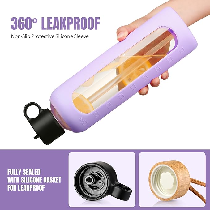 32oz Glass Water Bottle With 2 Lids-Flip Straw Lid, Bamboo Lid, Glass Water Bottle With Silicone Sleeve, Motivational Time Marker, Glass Juice Bottle for Cold Drink,Purple