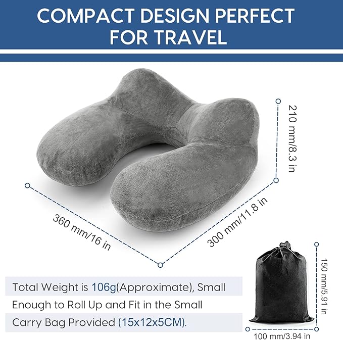 Inflatable Travel Pillow for Airplane Inflatable Neck Pillow for Traveling with Soft Velvet Washable Cover for Sleeping, Airplane,Train, Car, Office, Contoured Eye Masks, Earplugs