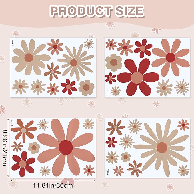 40pcs Daisy Wall Decals Boho Cute Vinyl Wall Decor Peel and Stick Floral Stickers for Girls Kids Nursery Bedroom Playroom Classroom Living Room Wall Art (4 Sheets, Classic)