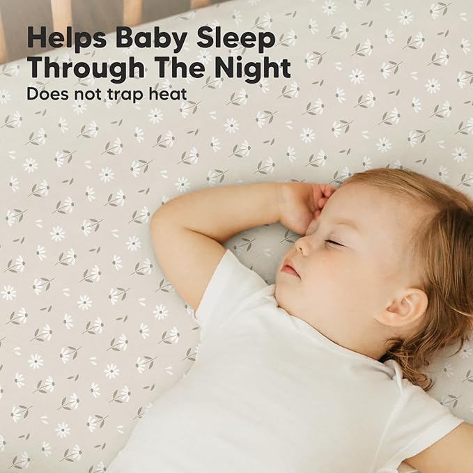 2-Pack Mini Crib Sheets Fitted, Pack and Play Sheets - Organic Cotton Pack N Play Sheets for Pack and Play Mattress, Playard Baby Crib Sheets, Jersey Crib Sheets Neutral for Boys, Girls (Daisies)