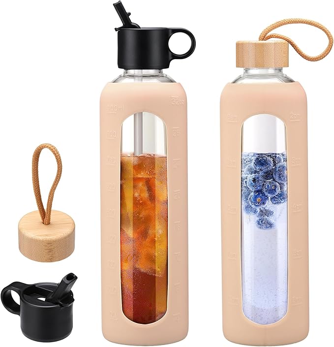 32oz Glass Water Bottle With 2 Lids-Flip Straw Lid, Bamboo Lid, Glass Water Bottle With Silicone Sleeve, Motivational Time Marker, Glass Juice Bottle for Cold Drink,Amber