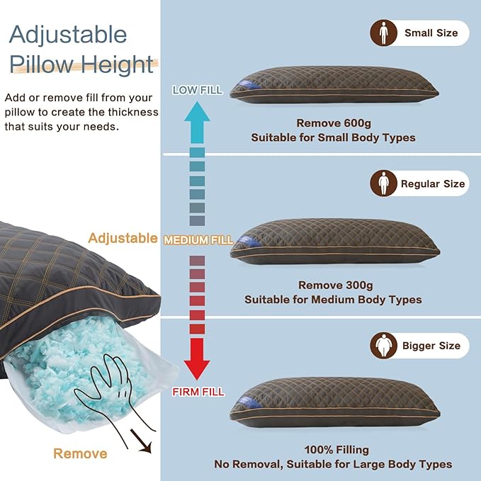 Long Body Pillow for Adults - Firm Body Pillow Insert with Shredded Blue Memory Foam, Adjustable Height, Soft Support for Side Sleeping, Pregnant Women, Washable (20x54 Inch, Grey)