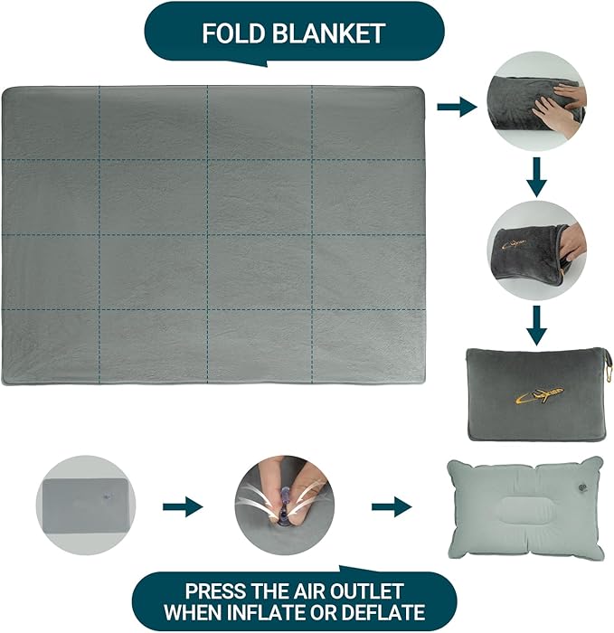 Travel Blanket Pillow- Premium Soft 300 GSM Thick 3 in 1 Airplane Blanket for Long Trips Essentials with Bag Pillowcase, Hand Luggage Sleeve and Backpack Clip (Grey)