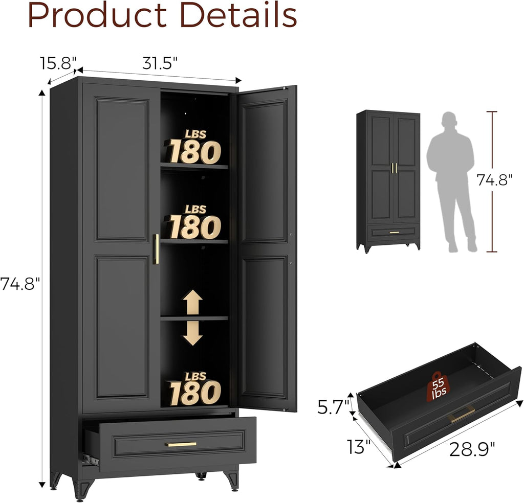 75" Kitchen Pantry Cabinet with Drawer, Metal Storage Cabinets with Doors and Adjustable Shelves, Black Tall Pantry Cabinet for Dinning Living Room, Home Office