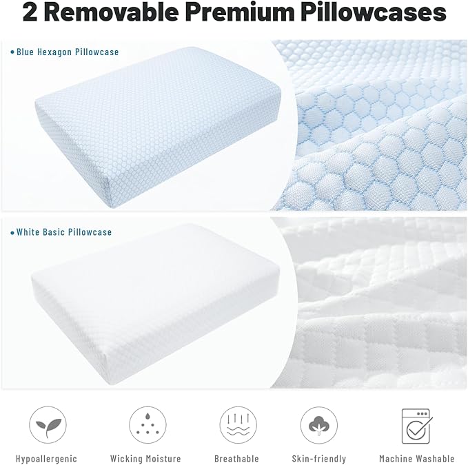 Cervical Neck Thin Pillow Flat Firm Memory Foam Adjustable Pillows from 1.3 to 5.2inch for Stomach Side Back Sleeper with 2 Pillowcases (Blue+Basics)