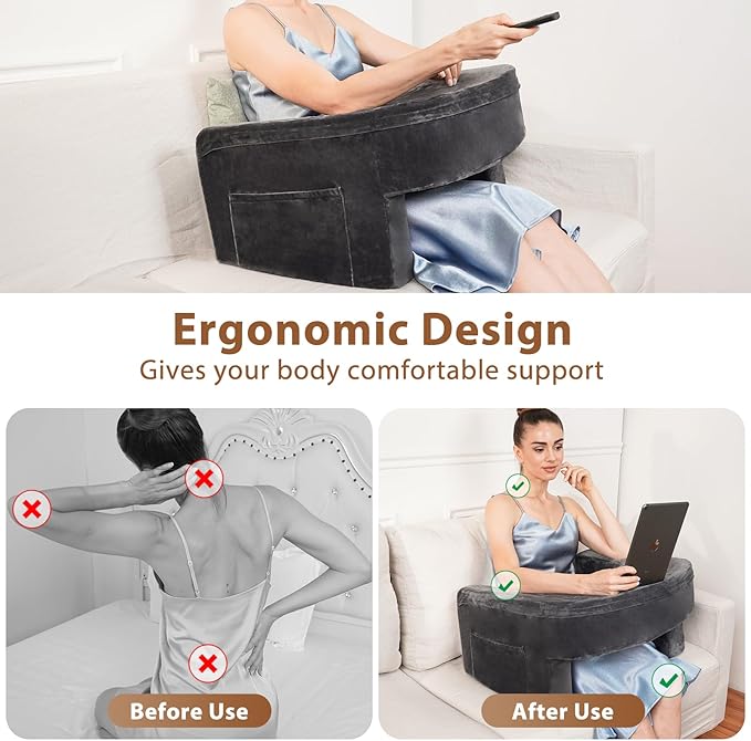 Gaming Pillow,Memory Foam Reading Pillow,Arm Rest Pillow with Side Pocket,Soft Lap Desk Pillow for Adult, Bed Rest Pillow for Reading, Working, Gaming