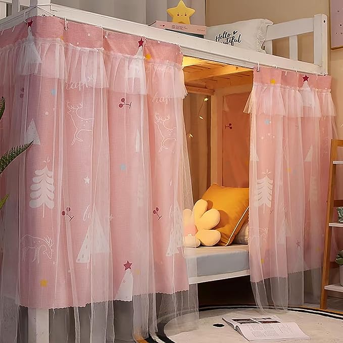 Hoce Bunk Bed Curtain Gauze Bunk Bed Curtains Drapes with Lace Privacy Dorm Bed Canopy for Bottom Twin