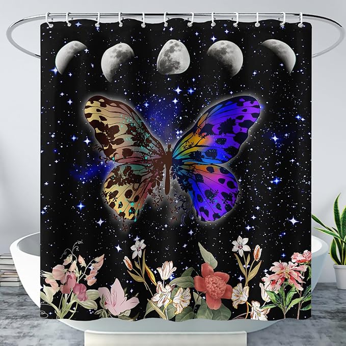 AILONEN Colorful Moth Shower Curtain,Sun and Moon Shower Curtain Set for Kids Girls Boys,Boho Natural Flowers Bath Curtain,Starry Night Bathroom Decor Shower Curtain with 12 Hooks,60" W*72" H