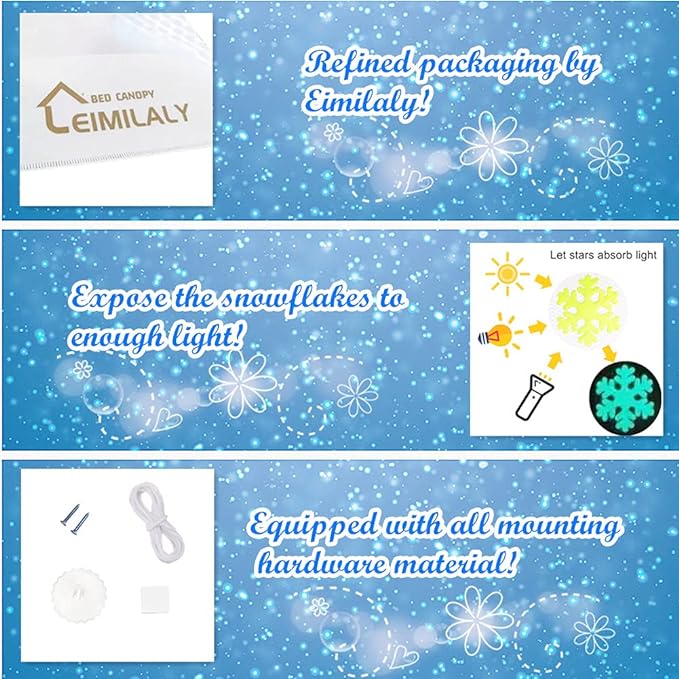 Eimilaly Princess Bed Canopy Glow in The Dark, Christmas Snowflakes Bed Canopy for Girls Room Decor, Encrypted Fabric, White