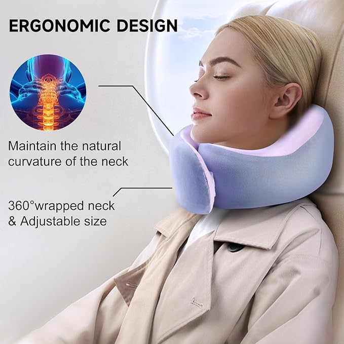 Travel Pillow, 360° Wrapped Travel Neck Pillow, 100% Pure Memory Foam Neck Pillow, Airplane Neck Pillows, Perfect Support, Soft and Breathable Pillows, Travel Accessories with Portable Bag