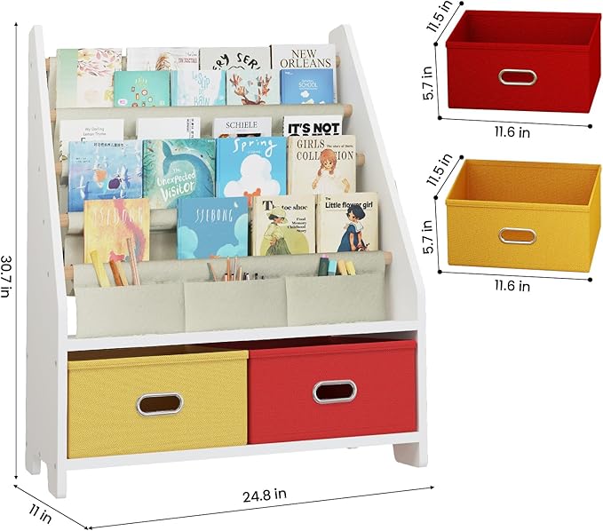 4 Tier Kids Book Shelf, Wooden Kids Book Rack, White Kids Bookshelf with Toy Storage Organizer, Toddler Sling Bookshelf for Boys, Girls, Kids Room, Red/Yellow