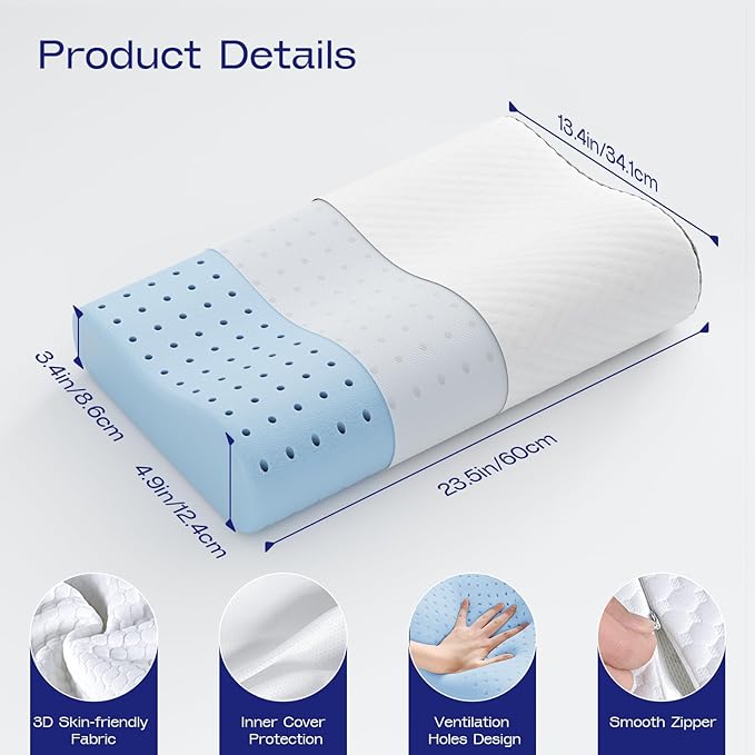Contoured Neck Pillow Memory Foam - Dual Use Cervical Neck Pillow for Sleeping - Soft Bed Pillow for Neck and Shoulder Pain - Ergonomic Side Sleeper Cervical Pillows (Grey White)