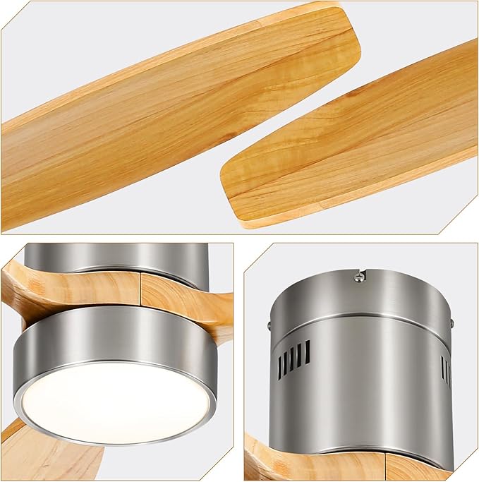 Sofucor 52 Inch Low Profile Ceiling Fan with Lights Remote Control Wood Blades Reversible DC Motor Modern Ceiling Fan for Kitchen, Bedroom, Basement, Dining, Living Room, Silvery wood