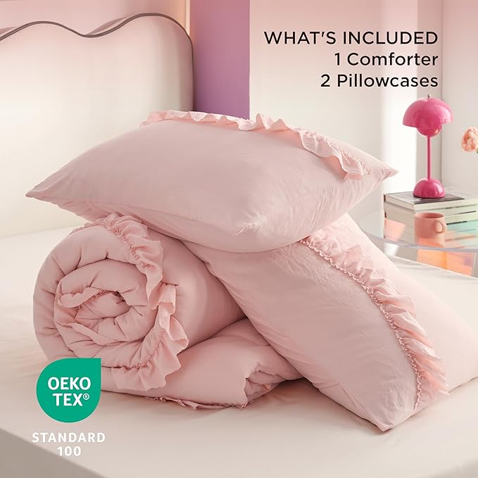 Bedsure Pink Comforter Set Queen - Ruffle Comforter, Cute Shabby Chic Boho Bedding Comforter Set for Girls, Lightweight Fluffy Soft Bed Set with 2 Pillow Shams