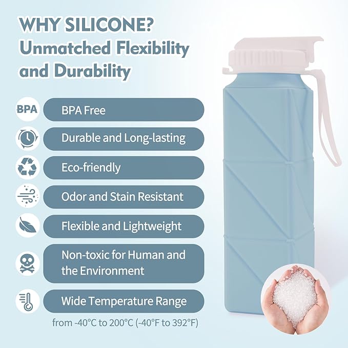 20 oz Water Bottle Collapsible | BPA Free Leakproof Lightweight Foldable Silicon Water Bottles | Twistable Water Cup | for Travel Gym Hiking Outdoor Camping Running Cycling Sports (Blue)