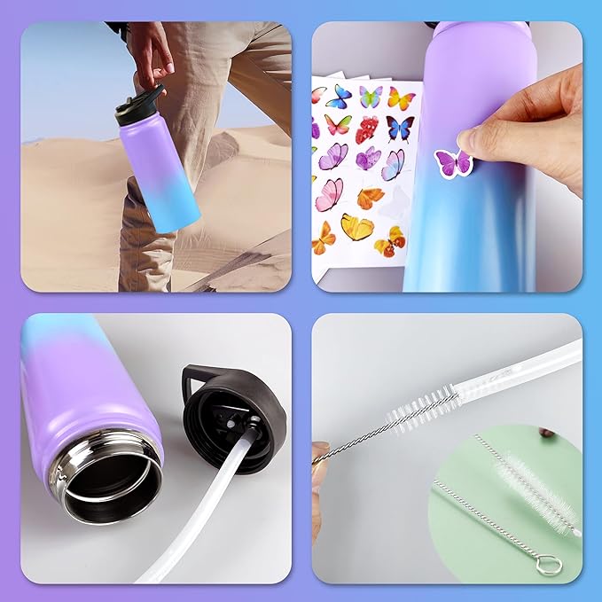 20oz Stainless Steel Water Bottle with Stickers and Straw for School Outdoor Sports and Travel Blue Purple Ideal for Boys Girls Gifts