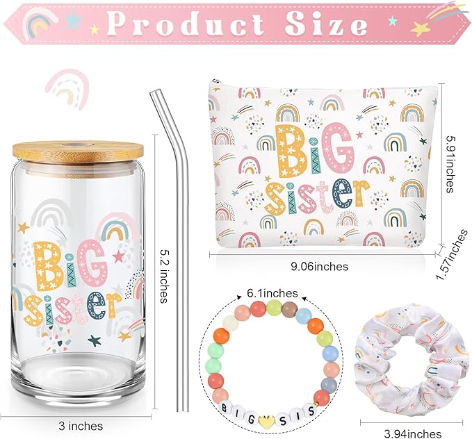 4 Pcs Big Sister Gifts for Girls Cute Big Sister 16oz Glass Tumbler Cup Makeup Bag Sister Bracelet and Scrunchies Best Sister Gift for Little Girls of New Baby Birthday Baby Shower