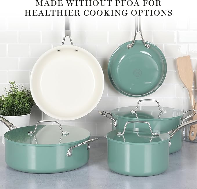 Martha Stewart Galway Premium Nonstick PFA Free Ceramic Interior 10 Piece Heavy Gauge Enamel Aluminum Pots and Pans Cookware Set W/Aluminum Lids - Teal