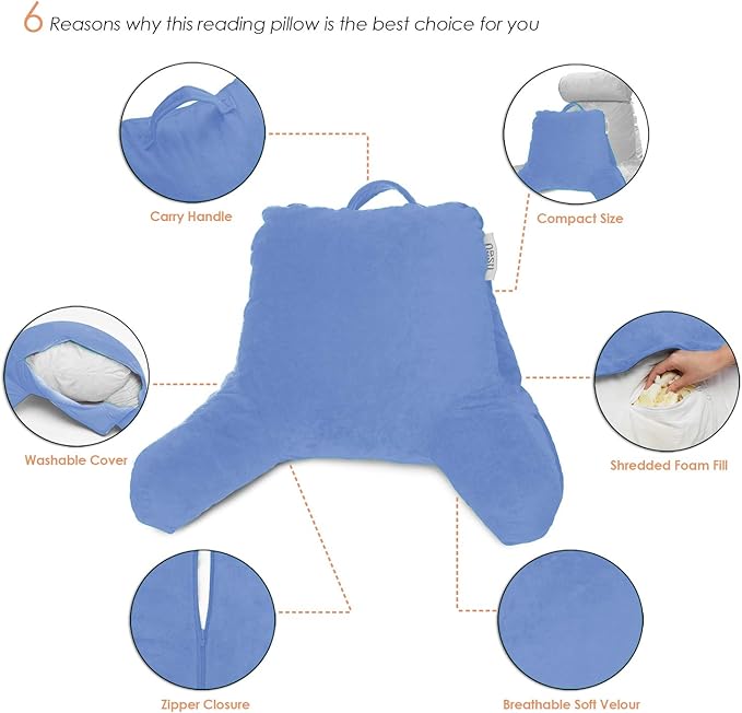 Nestl Reading Pillow Standard Bed Pillow, Back Pillow for Sitting in Bed Shredded Memory Foam Chair Pillow, Reading & Bed Rest Pillows Calm Blue Back Pillow for Bed, Bed Chair Arm Pillow with Pockets