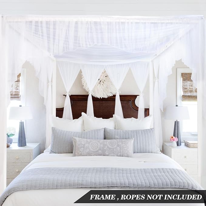 South to East White Canopy Bed Curtains, 4 Corner Post Bed Canopy, Top Elegant Bed Drapes for Bedroom Decor, 75D Polyester Mesh, Easy Install, Bed Curtain for King/Queen/Full Size