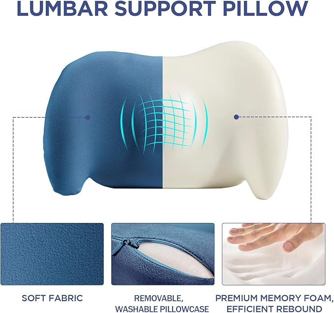 Lumbar Support Pillow for Office Chair, Car Lumbar Pillow Lower Back Pain Relief, Memory Foam Back Cushion with Adjustable Straps, Ergonomic Chair Back Pillow for Gaming Chair, Car, Bed (BLUE)
