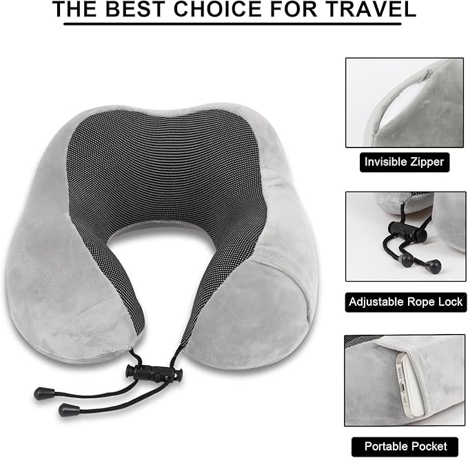 Pure Memory Foam Travel Pillow Set for Adults - Comfortable & Breathable Removable Cover, Airplane Travel Kit with Eye Mask & Portable Storage Bags for Plane Accessories - Grey
