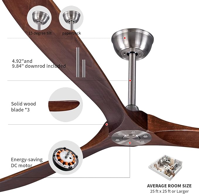 Bigzone 88" Indoor ceiling fan with Remote Control, DC Motor Quiet Energy Saving,3 Brown Balsa Wood Blades,Outdoor/Indoor Ceiling Fan, Metal Brushed Nickel