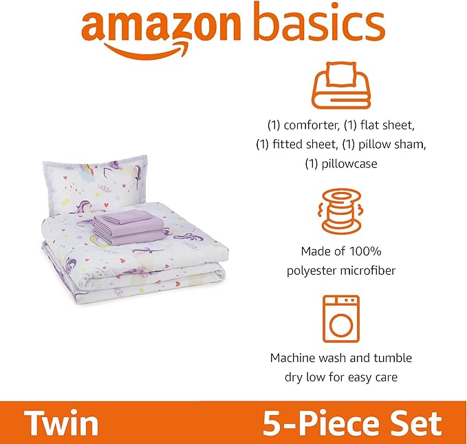 Amazon Basics Microfiber Kid's Bed-in-a-Bag 5 Piece Bedding Set, Twin, Unicorn Print