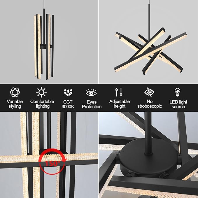 Kinglong Black Chandelier【Upgraded】,Modern Chandelier 6-Lights,Dimmable Acrylic LED Chandelier Lighting Fixture for Dining Room,Living Room,Bedroom,Entryway,Kitchen Island(L:20.07",W:17.32")