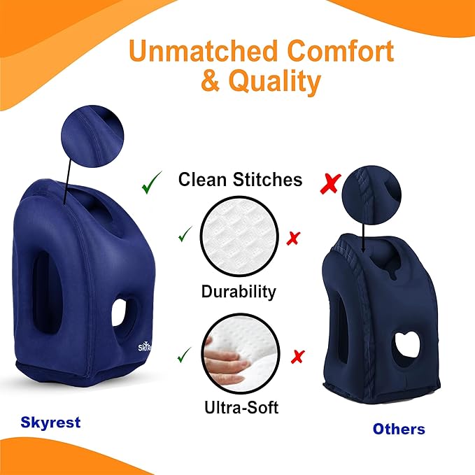 Inflatable Travel Pillow - Airplane Pillow for Neck Support on Long Flights, Buses, Cars, Office & Trains - Comes with Eye Mask, Earplugs & Portable Drawstring Bag -Blue