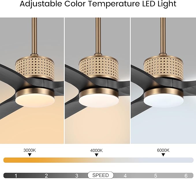 52" Ceiling Fan with Light and Remote, 3 Solid Wood Blades, Noiseless Reversible DC Motor Ceiling Fan with 4.5"/12" Downrods for Bedroom/Living Room/Porch (Gold/Black)