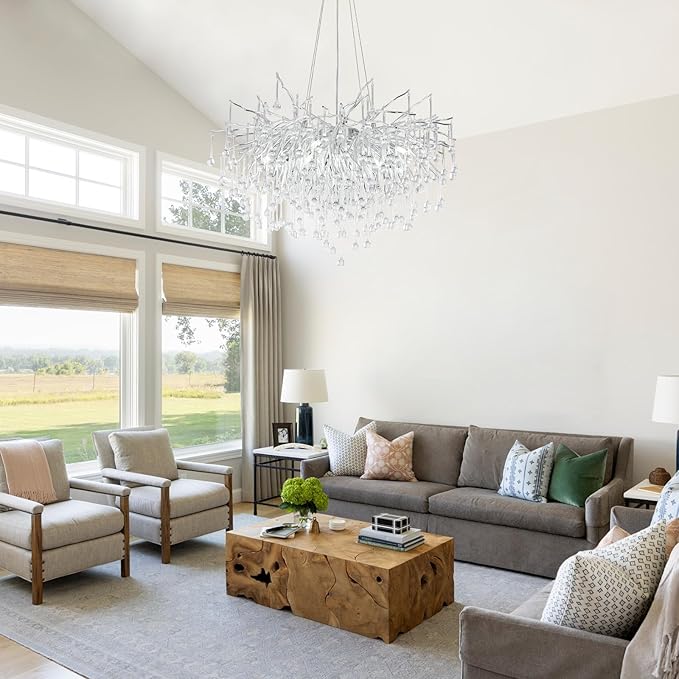 Crystal Chandeliers,Round Modern Tree Branch Chandelier,10-Light Farmhouse Raindrop Chandelier Light Fixture for Dining Room, Kitchen Island D31.5