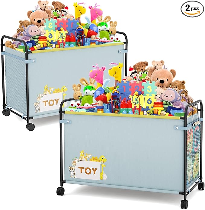 180L Large Toy Box with Wheels for Girls, Metal & Oxford Cloth Big Toy Chest for Boys, Toy Organizer with Wooden Handle for Stuffed Animals, Clothes, Bedroom, Living Room Area(Blue x2)