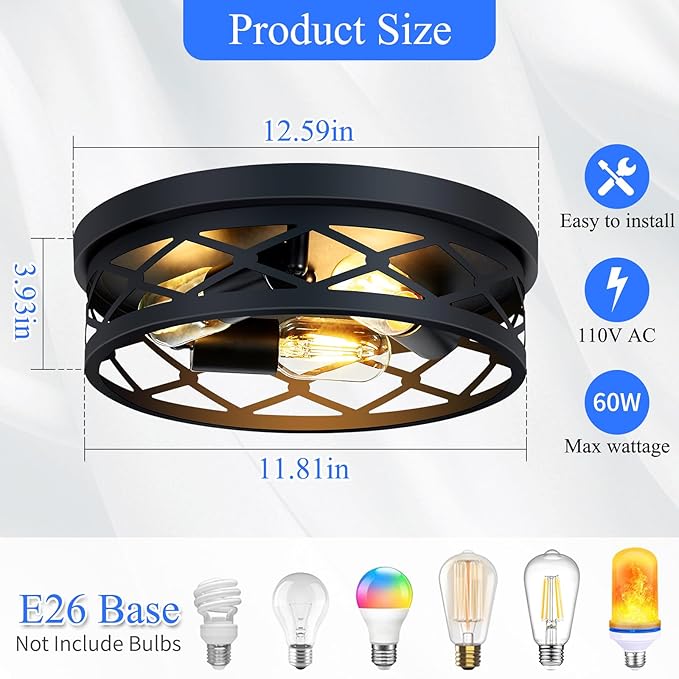 Flush Mount Ceiling Light Fixture, 3-Light Ceiling Light Fixture for Hallway, Black Hallway Light Fixtures Ceiling,Light Fixtures Ceiling Mount for Kitchen,Farmhouse,Hall (1 Pack)