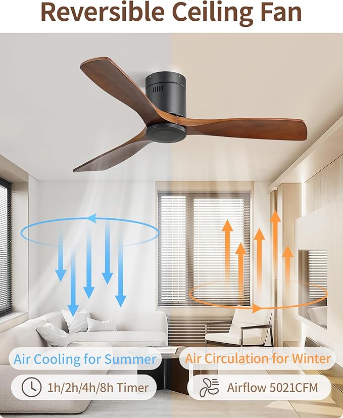 CACI Mall 52 Inch Flush Mount Wood Ceiling Fan without Light,Low Profile,Modern,6 Speed,3 Blades Timer,Remote Control,Quiet Reversible DC Motor for Berdrooms, Livingroom, Patios