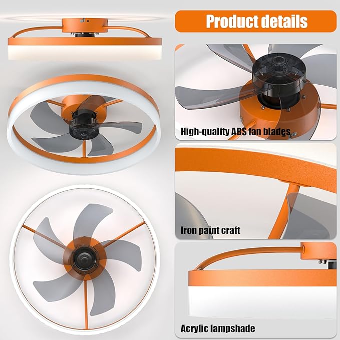 Ceiling Fan with Remote Control Memory Functions 21dB Low Noise 6 Adjustable Speeds Dimmable Led Ceiling Fan for Hallways Balconies Patios Orange Color