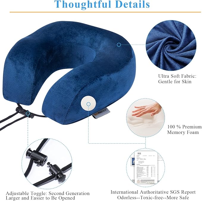 SAIREIDER Travel Pillow 100% Memory Foam Airplanes Neck Pillows -Prevent The Heads from Falling Forward Travel Neck Pillows with Sleep Mask and Earplugs (Navy Blue)