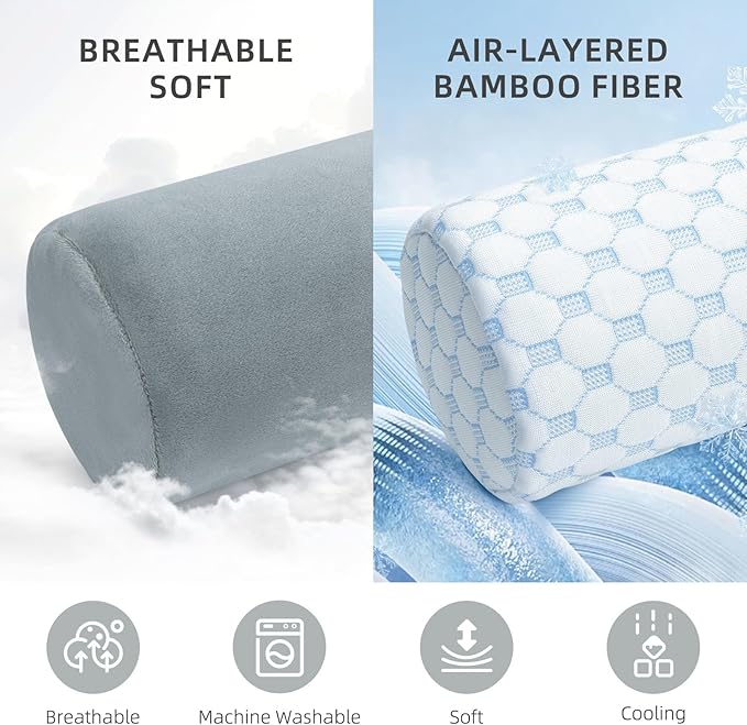 Cervical Neck Pillow with 2 Pillowcases Roll Memory Foam Support Round Pillows for Pain Relief Sleeping, Bed, Legs, Back and Yoga 17 x 4.5 Inches